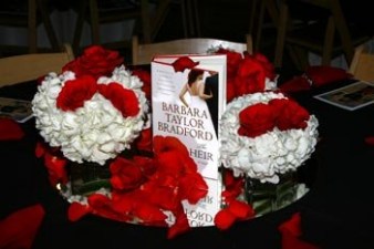 Centerpiece for the tables inside the Women's Museum featuring Barbara Taylor Bradford's book, The Heir