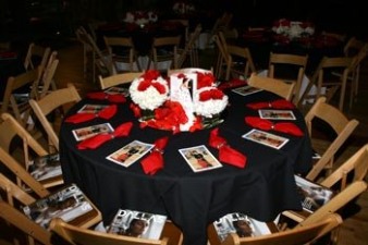 Tables set beautifully for the champagne and tea reception honoring Barbara Taylor Bradford at the Dallas Women's Museum