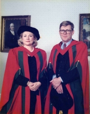Barbara Taylor Bradford and playwright Alan Bennett pictured at Leeds University, 1990 (in colour)